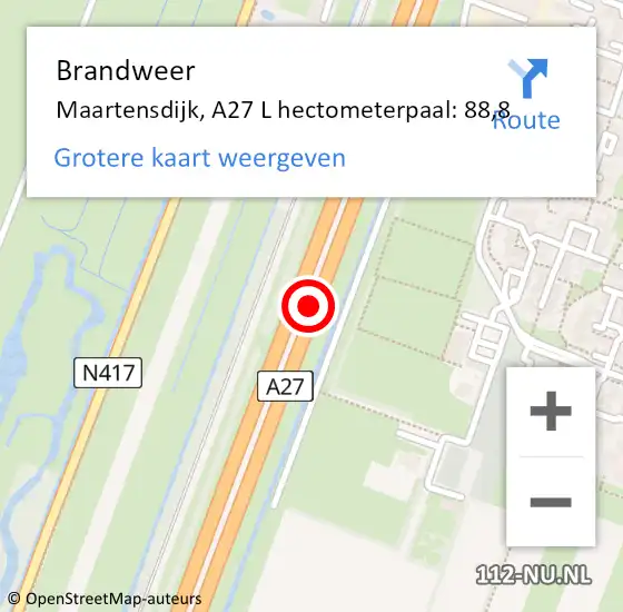 Locatie op kaart van de 112 melding: Brandweer Maartensdijk, A27 L hectometerpaal: 88,8 op 12 oktober 2016 09:03