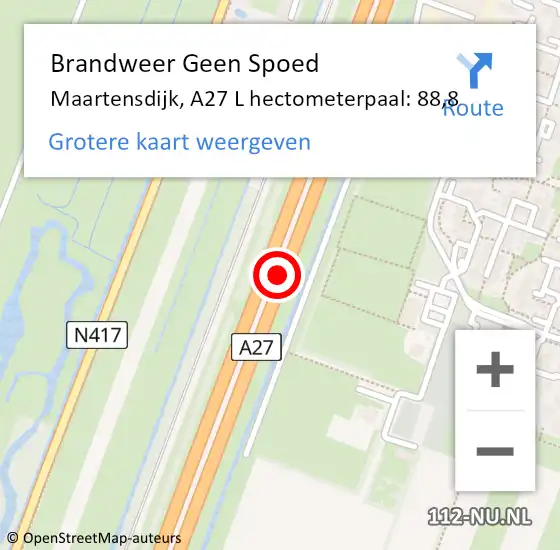 Locatie op kaart van de 112 melding: Brandweer Geen Spoed Naar Maartensdijk, A27 L hectometerpaal: 88,8 op 12 oktober 2016 09:12