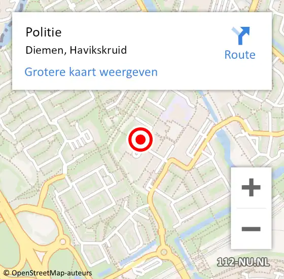 Locatie op kaart van de 112 melding: Politie Diemen, Havikskruid op 12 oktober 2016 14:46