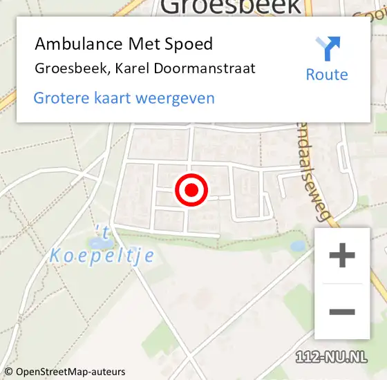 Locatie op kaart van de 112 melding: Ambulance Met Spoed Naar Groesbeek, Karel Doormanstraat op 13 oktober 2016 06:53