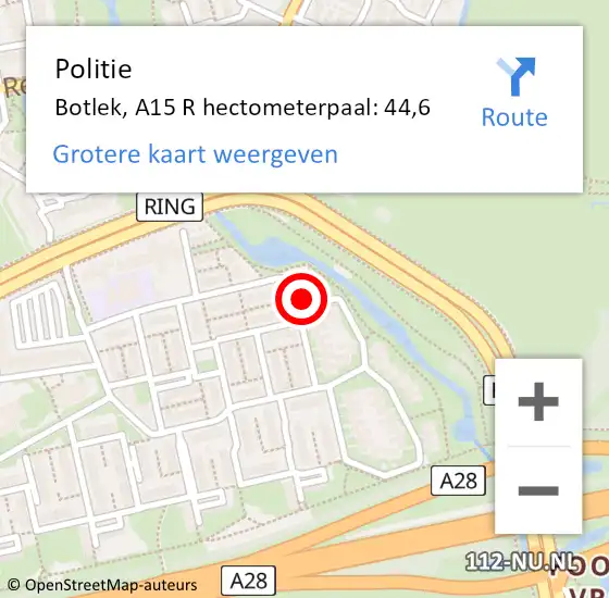 Locatie op kaart van de 112 melding: Politie Botlek, A15 R hectometerpaal: 44,6 op 13 oktober 2016 08:51