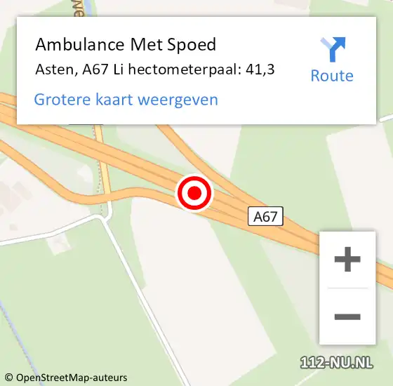 Locatie op kaart van de 112 melding: Ambulance Met Spoed Naar Asten, A67 Li hectometerpaal: 45,8 op 14 oktober 2016 17:50