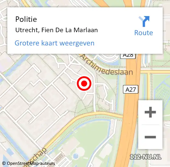 Locatie op kaart van de 112 melding: Politie Utrecht, Fien De La Marlaan op 14 oktober 2016 19:04