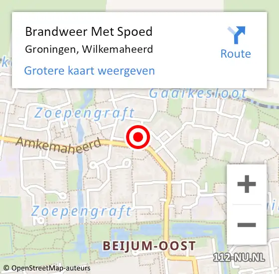 Locatie op kaart van de 112 melding: Brandweer Met Spoed Naar Groningen, Wilkemaheerd op 15 oktober 2016 00:57
