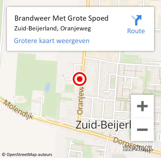 Locatie op kaart van de 112 melding: Brandweer Met Grote Spoed Naar Zuid-Beijerland, Oranjeweg op 15 oktober 2016 20:08