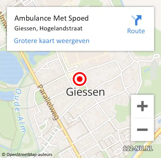 Locatie op kaart van de 112 melding: Ambulance Met Spoed Naar Giessen, Hogelandstraat op 16 oktober 2016 00:48