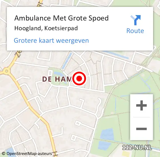 Locatie op kaart van de 112 melding: Ambulance Met Grote Spoed Naar Hoogland, Koetsierpad op 17 oktober 2016 18:37