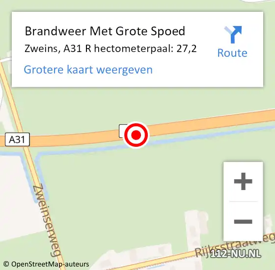 Locatie op kaart van de 112 melding: Brandweer Met Grote Spoed Naar Zweins, A31 R hectometerpaal: 27,2 op 18 oktober 2016 16:39