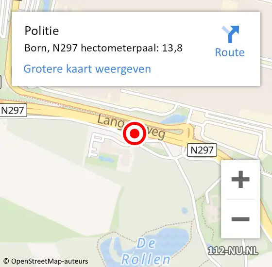 Locatie op kaart van de 112 melding: Politie Born, N297 hectometerpaal: 13,8 op 21 oktober 2016 10:43