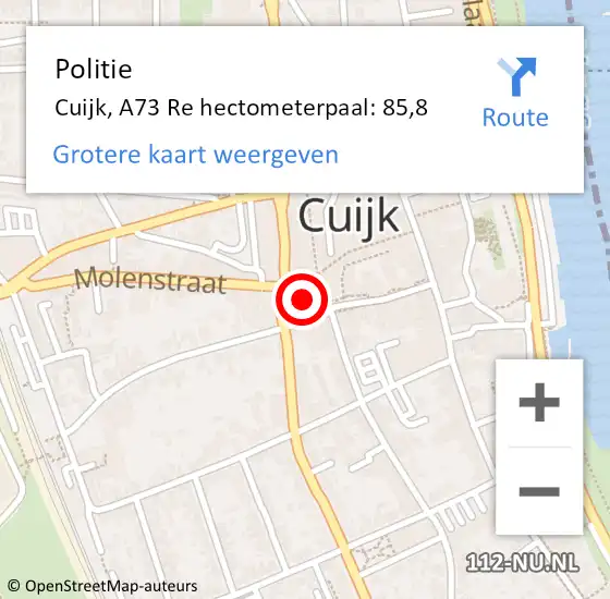 Locatie op kaart van de 112 melding: Politie Cuijk, A73 Re hectometerpaal: 89,9 op 21 oktober 2016 20:06