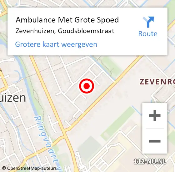 Locatie op kaart van de 112 melding: Ambulance Met Grote Spoed Naar Zevenhuizen, Goudsbloemstraat op 21 oktober 2016 20:43