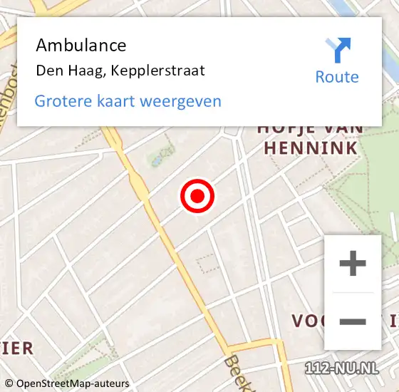 Locatie op kaart van de 112 melding: Ambulance Den Haag, Kepplerstraat op 22 oktober 2016 07:12