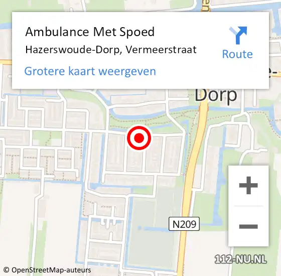 Locatie op kaart van de 112 melding: Ambulance Met Spoed Naar Hazerswoude-Dorp, Vermeerstraat op 22 oktober 2016 17:39