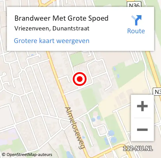 Locatie op kaart van de 112 melding: Brandweer Met Grote Spoed Naar Vriezenveen, Dunantstraat op 23 oktober 2016 11:23