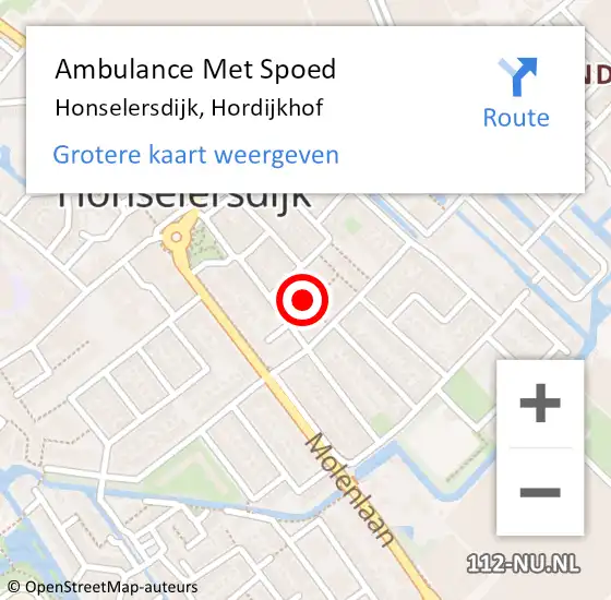 Locatie op kaart van de 112 melding: Ambulance Met Spoed Naar Honselersdijk, Hordijkhof op 24 oktober 2016 01:09