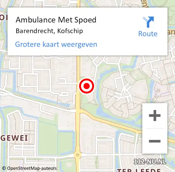 Locatie op kaart van de 112 melding: Ambulance Met Spoed Naar Barendrecht, Kofschip op 24 oktober 2016 13:07