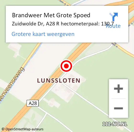 Locatie op kaart van de 112 melding: Brandweer Met Grote Spoed Naar Zuidwolde Dr, A28 L hectometerpaal: 130,9 op 24 oktober 2016 23:05