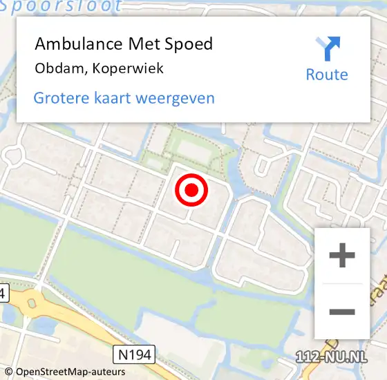 Locatie op kaart van de 112 melding: Ambulance Met Spoed Naar Obdam, Koperwiek op 25 oktober 2016 01:31
