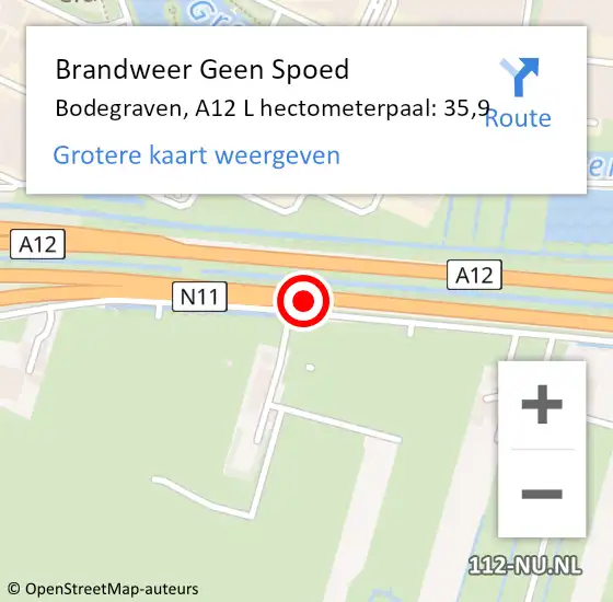 Locatie op kaart van de 112 melding: Brandweer Geen Spoed Naar Bodegraven, A12 L hectometerpaal: 35,9 op 26 oktober 2016 00:25