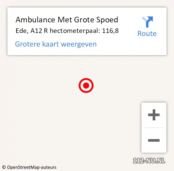 Locatie op kaart van de 112 melding: Ambulance Met Grote Spoed Naar Ede, A12 R hectometerpaal: 116,8 op 26 oktober 2016 07:17