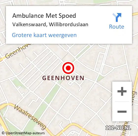 Locatie op kaart van de 112 melding: Ambulance Met Spoed Naar Valkenswaard, Willibrorduslaan op 26 oktober 2016 08:30