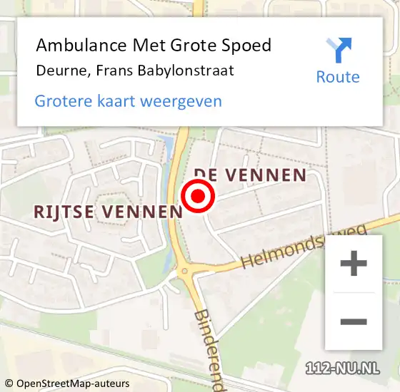 Locatie op kaart van de 112 melding: Ambulance Met Grote Spoed Naar Deurne, Frans Babylonstraat op 26 oktober 2016 13:42