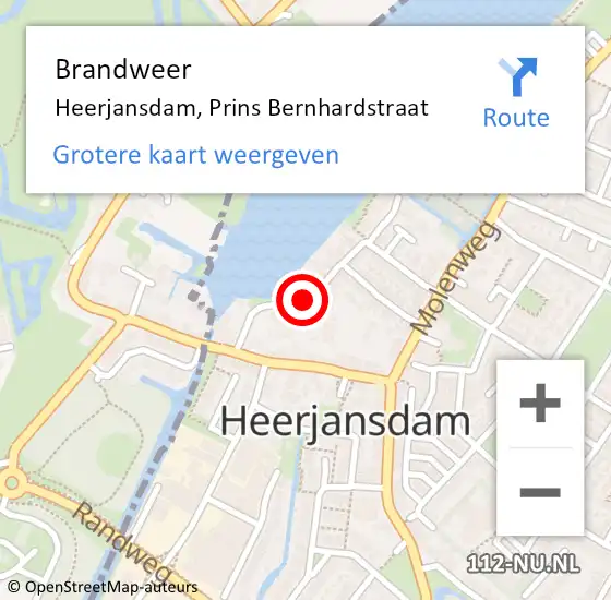 Locatie op kaart van de 112 melding: Brandweer Heerjansdam, Prins Bernhardstraat op 31 december 2013 15:07