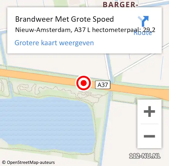 Locatie op kaart van de 112 melding: Brandweer Met Grote Spoed Naar Nieuw-Amsterdam, A37 L hectometerpaal: 29,2 op 28 oktober 2016 08:08
