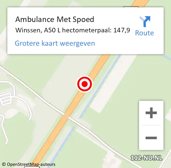 Locatie op kaart van de 112 melding: Ambulance Met Spoed Naar Winssen, A50 L hectometerpaal: 148,5 op 28 oktober 2016 08:11