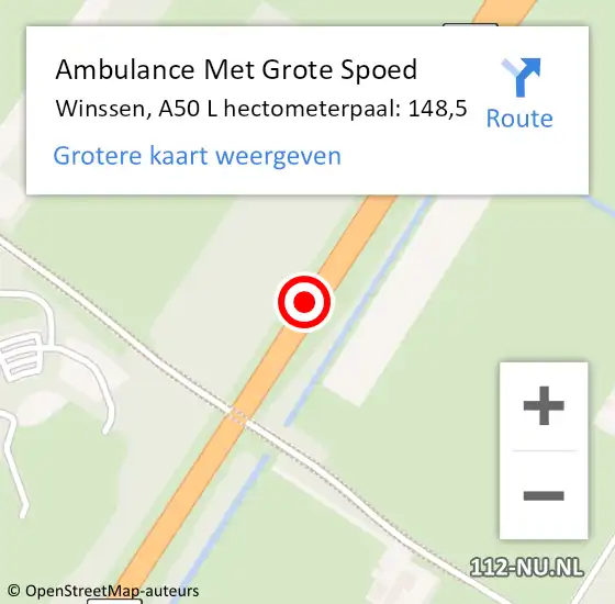 Locatie op kaart van de 112 melding: Ambulance Met Grote Spoed Naar Winssen, A50 L hectometerpaal: 148,5 op 28 oktober 2016 08:15