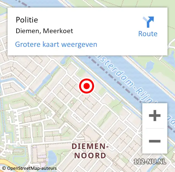 Locatie op kaart van de 112 melding: Politie Diemen, Meerkoet op 28 oktober 2016 10:16