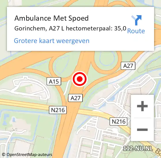 Locatie op kaart van de 112 melding: Ambulance Met Spoed Naar Gorinchem, A27 L hectometerpaal: 37,8 op 28 oktober 2016 13:11