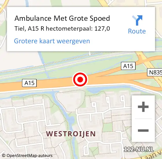 Locatie op kaart van de 112 melding: Ambulance Met Grote Spoed Naar Tiel, A15 R hectometerpaal: 131,7 op 28 oktober 2016 16:51