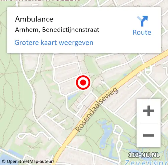 Locatie op kaart van de 112 melding: Ambulance Arnhem, Benedictijnenstraat op 29 oktober 2016 08:33