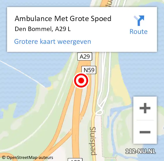 Locatie op kaart van de 112 melding: Ambulance Met Grote Spoed Naar Den Bommel, A29 L hectometerpaal: 98,9 op 30 oktober 2016 17:24