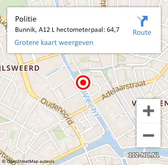 Locatie op kaart van de 112 melding: Politie Bunnik, A12 L hectometerpaal: 64,7 op 30 oktober 2016 17:49