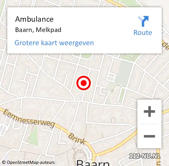 Locatie op kaart van de 112 melding: Ambulance Baarn, Melkpad op 30 oktober 2016 19:34