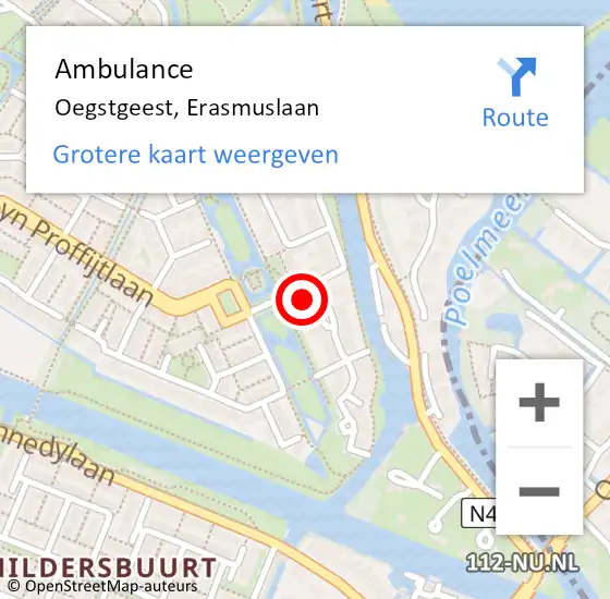 Locatie op kaart van de 112 melding: Ambulance Oegstgeest, Erasmuslaan op 2 november 2016 10:35