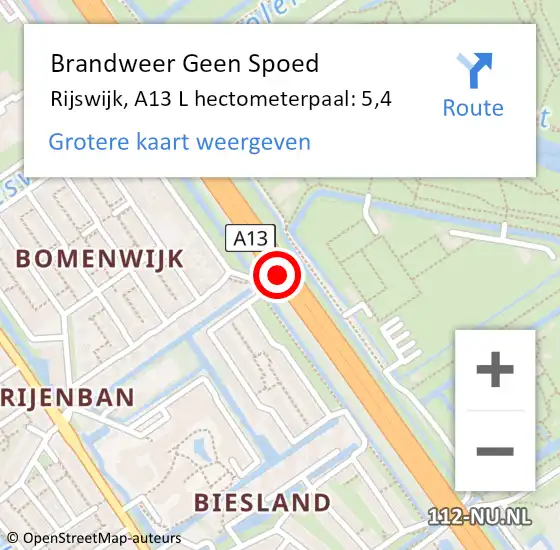 Locatie op kaart van de 112 melding: Brandweer Geen Spoed Naar Rijswijk, A13 R hectometerpaal: 5,5 op 2 november 2016 14:48