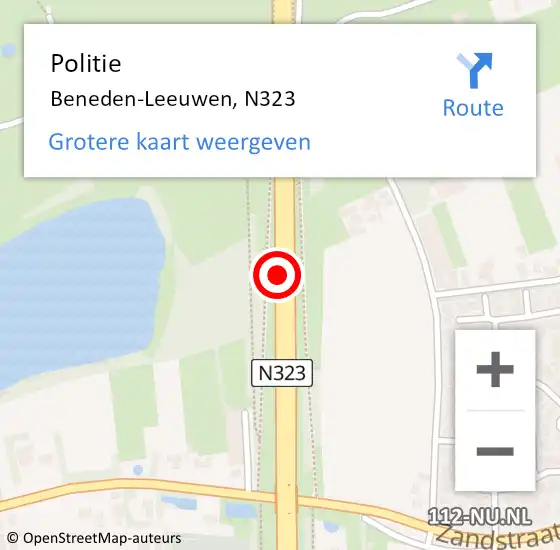 Locatie op kaart van de 112 melding: Politie Beneden-Leeuwen, N323 op 3 november 2016 08:02