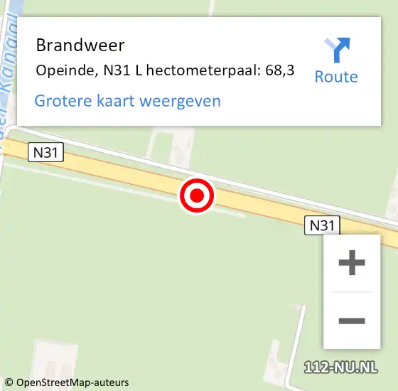 Locatie op kaart van de 112 melding: Brandweer Opeinde, N31 L hectometerpaal: 68,3 op 3 november 2016 13:08