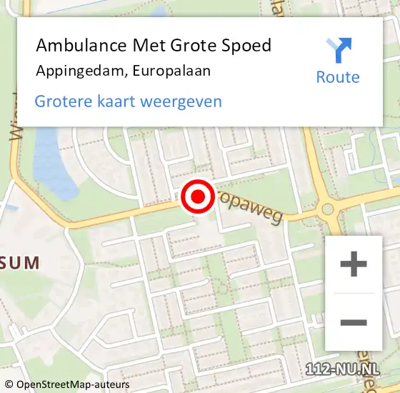 Locatie op kaart van de 112 melding: Ambulance Met Grote Spoed Naar Appingedam, Europalaan op 3 november 2016 19:07