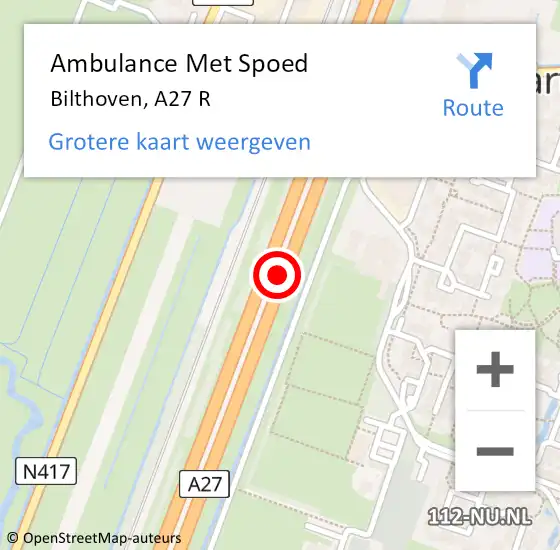 Locatie op kaart van de 112 melding: Ambulance Met Spoed Naar Bilthoven, A27 R op 4 november 2016 19:27