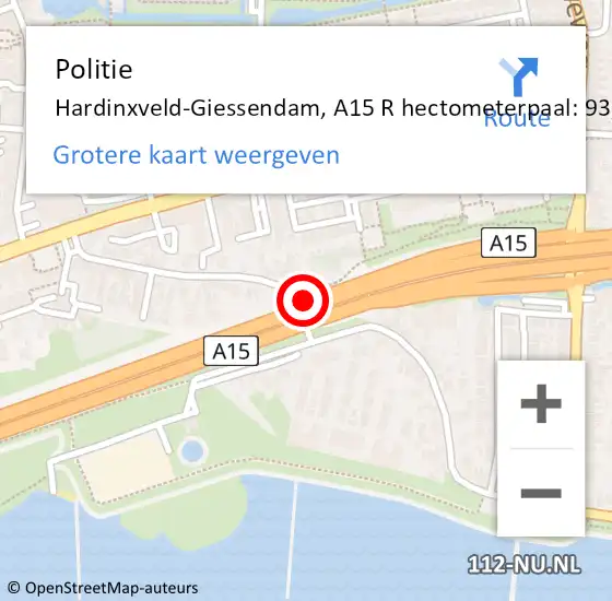 Locatie op kaart van de 112 melding: Politie Hardinxveld-Giessendam, A15 R hectometerpaal: 93,1 op 6 november 2016 02:28