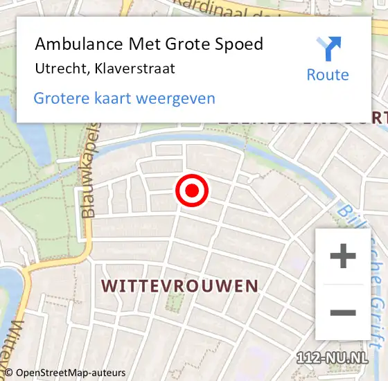 Locatie op kaart van de 112 melding: Ambulance Met Grote Spoed Naar Utrecht, Klaverstraat op 7 november 2016 08:21