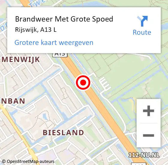 Locatie op kaart van de 112 melding: Brandweer Met Grote Spoed Naar Rijswijk, A13 L op 8 november 2016 13:57