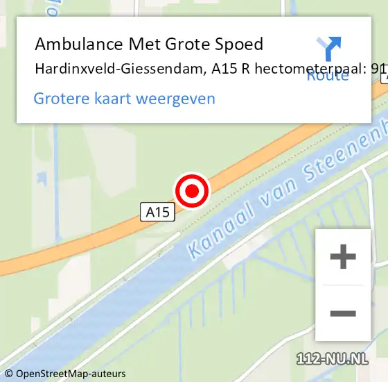 Locatie op kaart van de 112 melding: Ambulance Met Grote Spoed Naar Hardinxveld-Giessendam, A15 R hectometerpaal: 91,3 op 8 november 2016 13:59
