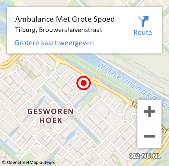 Locatie op kaart van de 112 melding: Ambulance Met Grote Spoed Naar Tilburg, Brouwershavenstraat op 9 november 2016 10:01