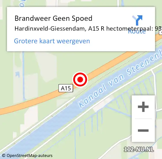 Locatie op kaart van de 112 melding: Brandweer Geen Spoed Naar Hardinxveld-Giessendam, A15 R hectometerpaal: 93,6 op 10 november 2016 12:47