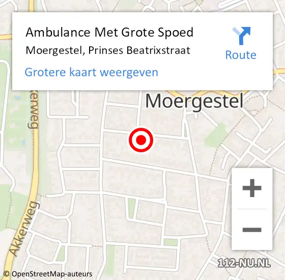 Locatie op kaart van de 112 melding: Ambulance Met Grote Spoed Naar Moergestel, Prinses Beatrixstraat op 11 november 2016 17:26